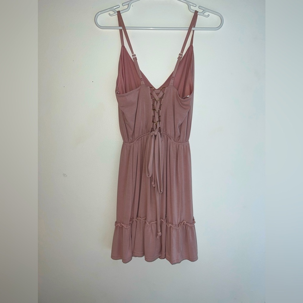Mod On Trend Boutique Blush Lace-Up Back Ruffle Mini Dress - Picture 2 of 4